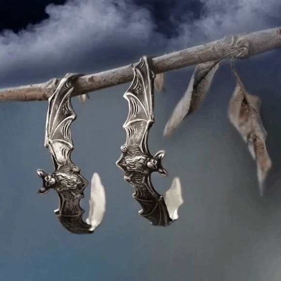 Antique Silver Bat Vampire Hoop Dangle Earrings - Picture 1 of 2